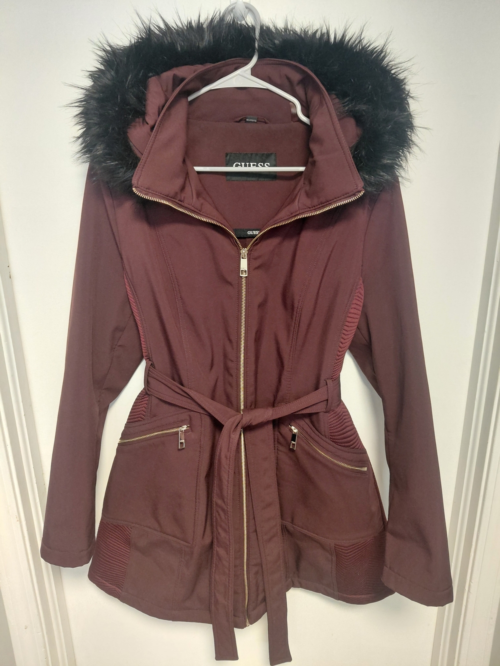 GUESS Women's Burgundy Hooded Belted Parka Coat